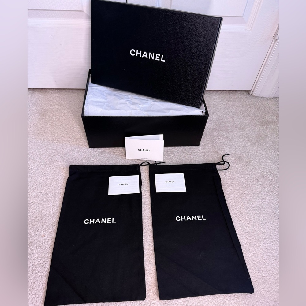 Authentic Chanel Empty Shoe Box W/ Original Tissue And Dust bags, Care Instruct
